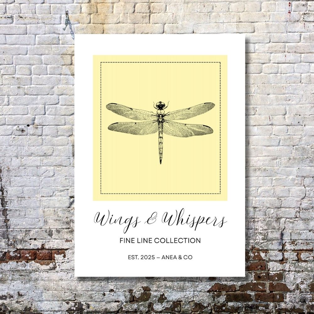 Wings & Whispers Fine Line Collection dragonfly poster featuring delicate line art by ANEA