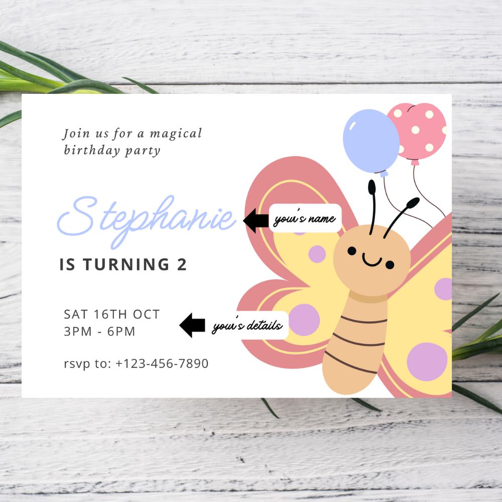 BABY BUTTERFLY PERSONALISED BIRTHDAY INVITATIONS