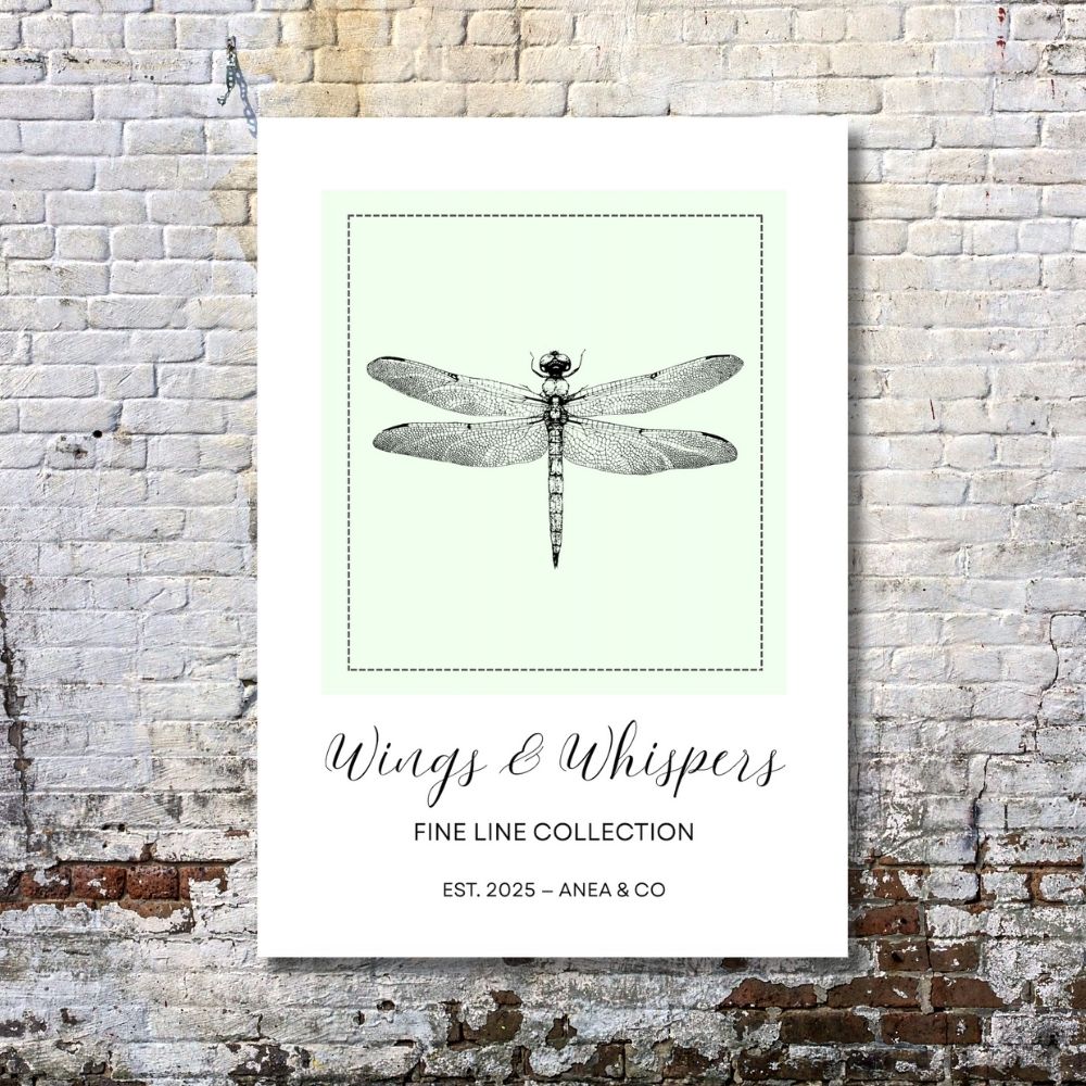 Wings & Whispers Fine Line Collection dragonfly poster featuring delicate line art by ANEA