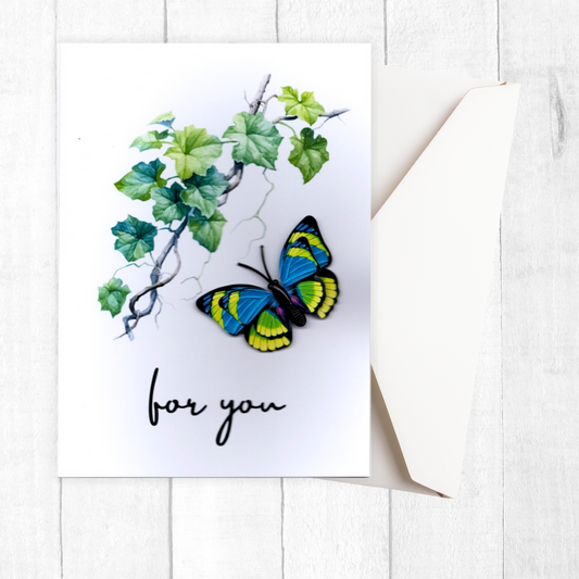 Greeting card with a blue and green butterfly illustration on a white background. 3D Blue Butterfly For You Greeting Card