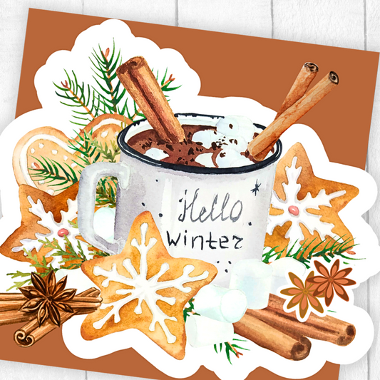 Sticker set with a mug of hot chocolate, gingerbread cookies, and winter elements on a brown background.