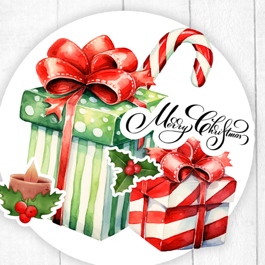 Decorative plate with Christmas-themed design including presents, candy canes, and holly leaves.