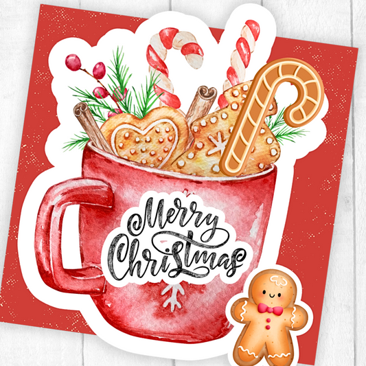Illustration of a red mug with Christmas-themed items on a red background