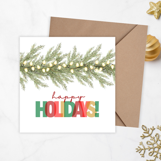Christmas card with 'Happy Holidays!' text and pine branch on a white background. 3D Happy Holidays Christmas Card