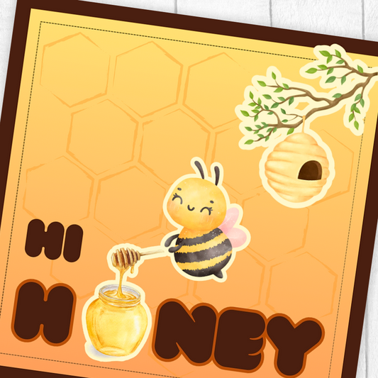 Greeting card with a bee and honey design on an orange background. 3D Hi Honey Valentine Card, cute Anniversary card.