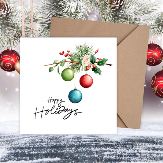 Christmas card with colorful ornaments and 'Happy Holidays' text, surrounded by festive decorations. 3D Holidays Bauble Christmas Card
