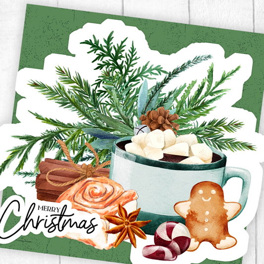 Christmas-themed card with hot chocolate, gingerbread man, and festive elements on a green background. 3D Hot Chocolate Christmas Card