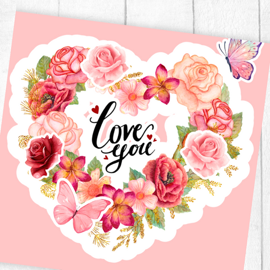 Heart-shaped card with flowers and 'Love you' text on a pink background. 3D LOVE YOU VALENTINE'S CARD
