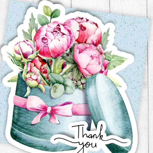 Sticker with pink flowers, green leaves, and a pink bow on a light blue background with 'Thank you' text. 3D Peony Thank You Card