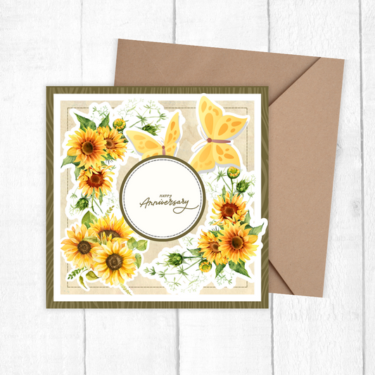 Greeting card with sunflowers and butterflies on a white background. 3D SUNFLOWERS ANNIVERSARY CARD