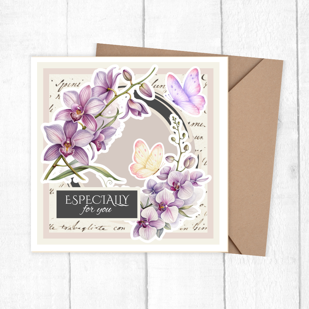 Greeting card with purple flowers and butterflies on a white background. ESPECIALLY FOR YOU PREMIUM CARD