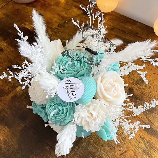 TURQUOISE FLOWER CANDLES CENTREPIECE