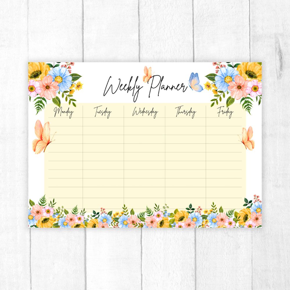 Summer Weekly Planner PDF – Bright seasonal layout by ANEA featuring cheerful summer-themed illustrations and a 7-day planning grid.