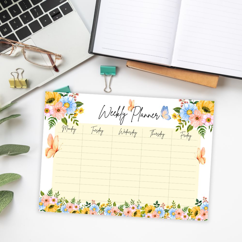 Summer Weekly Planner PDF – Bright seasonal layout by ANEA featuring cheerful summer-themed illustrations and a 7-day planning grid.