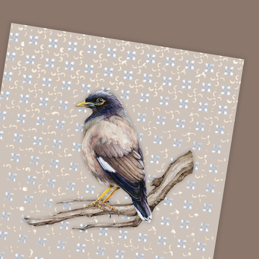 Bird illustration on a floral patterned background. Greeting card with a bird illustration on a floral patterned background, accompanied by a brown envelope.