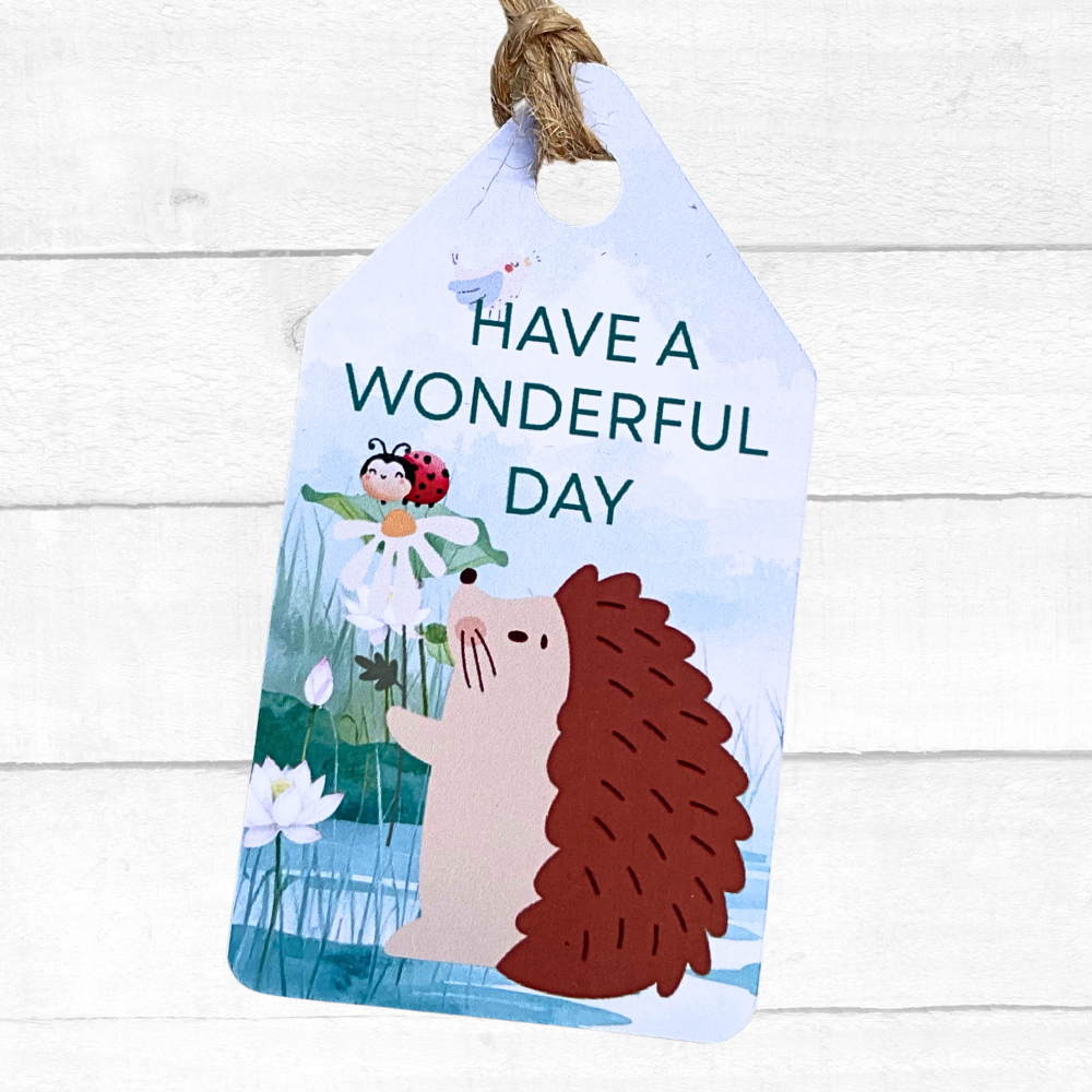 Decorative sign with hedgehog, ladybug, and flowers on a white wooden background. Birthday Gift Tag Set