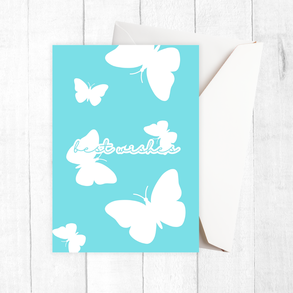 Blue Butterflies Best Wishes Greeting Card with white butterflies and 'best wishes' text on a turquoise background