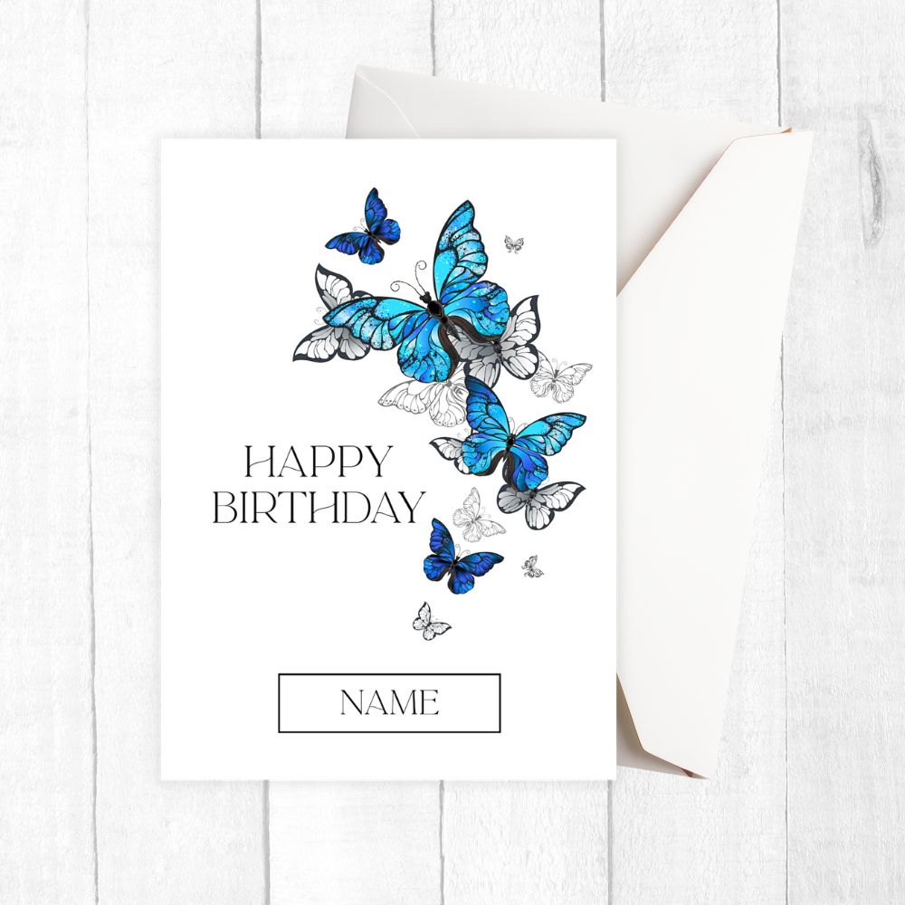 Birthday card with blue butterflies on a white background
