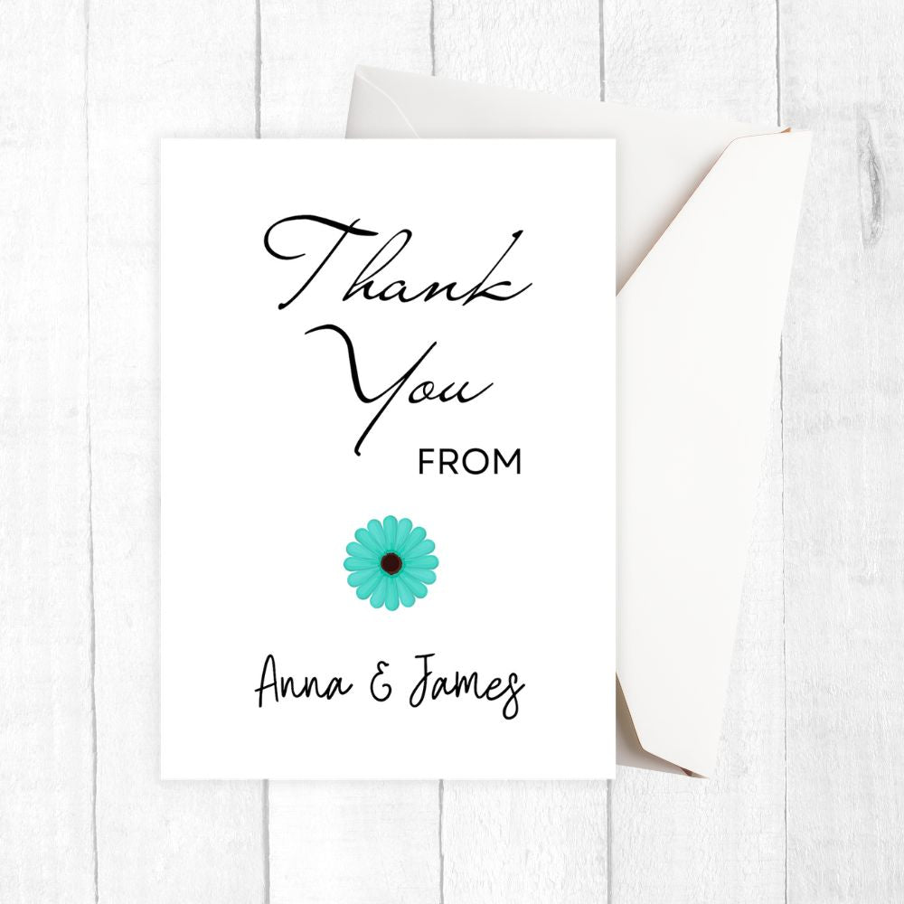 Thank you card with a green flower and text on a white background. Blue Daisy Thank You Personalised Card