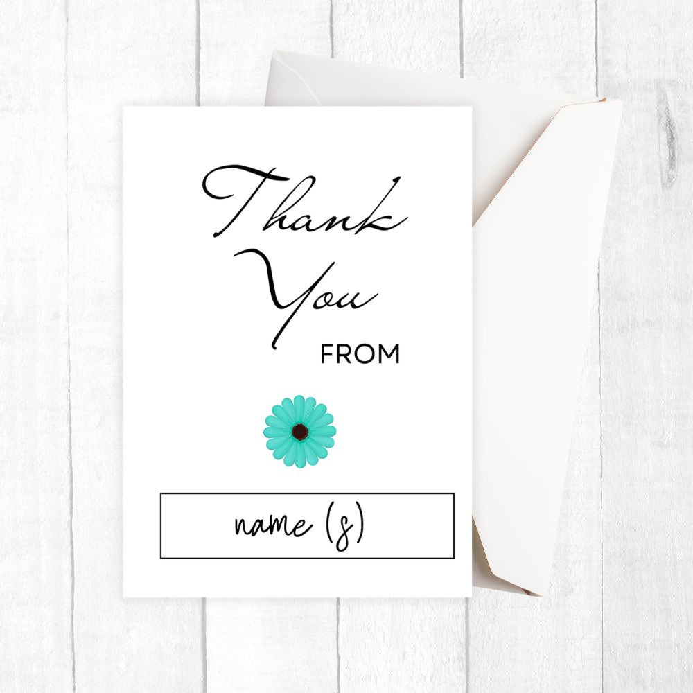 Greeting card with 'Thank You' text and a flower on a white background. Blue Daisy Thank You Personalised Card