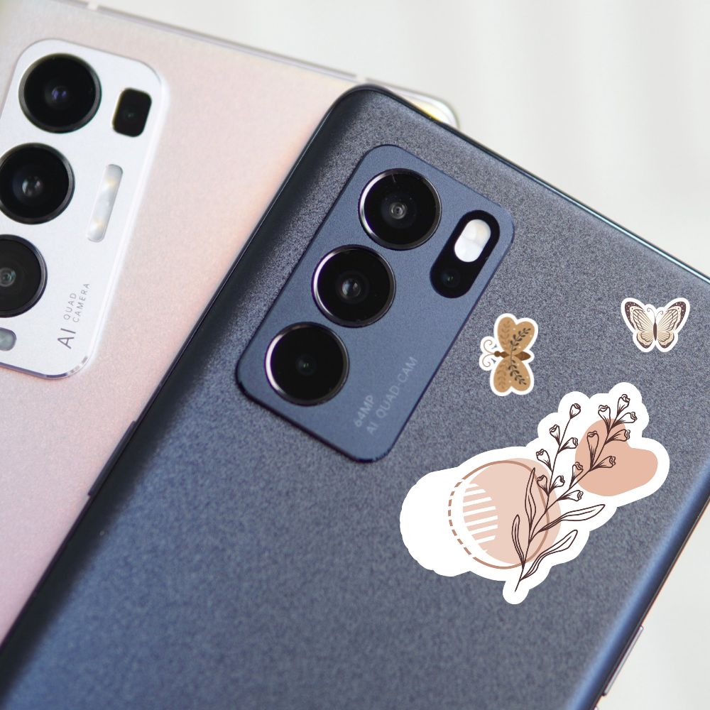 Phone case with butterfly and shell stickers on a white background. Boho Aesthetics flower Sticker