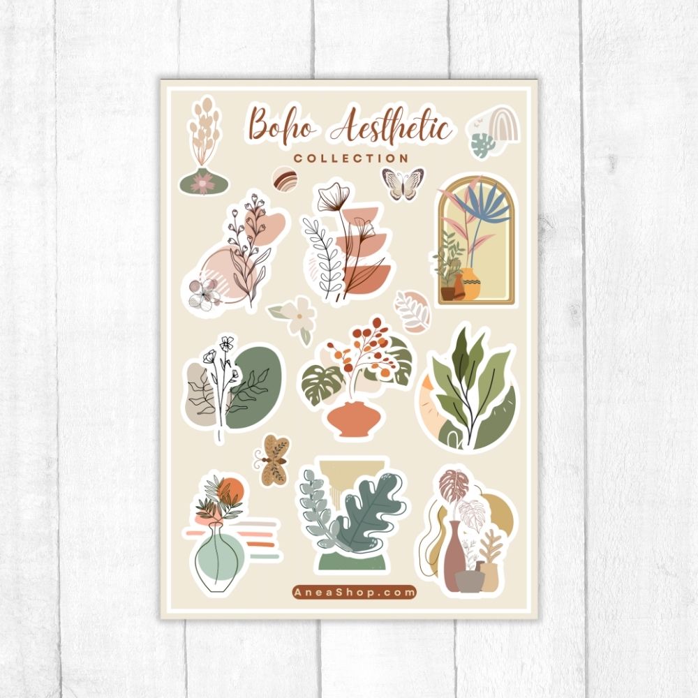 Sheet of Boho Aesthetic stickers with plants and nature-themed designs on a beige background. Boho Aesthetics flower Sticker