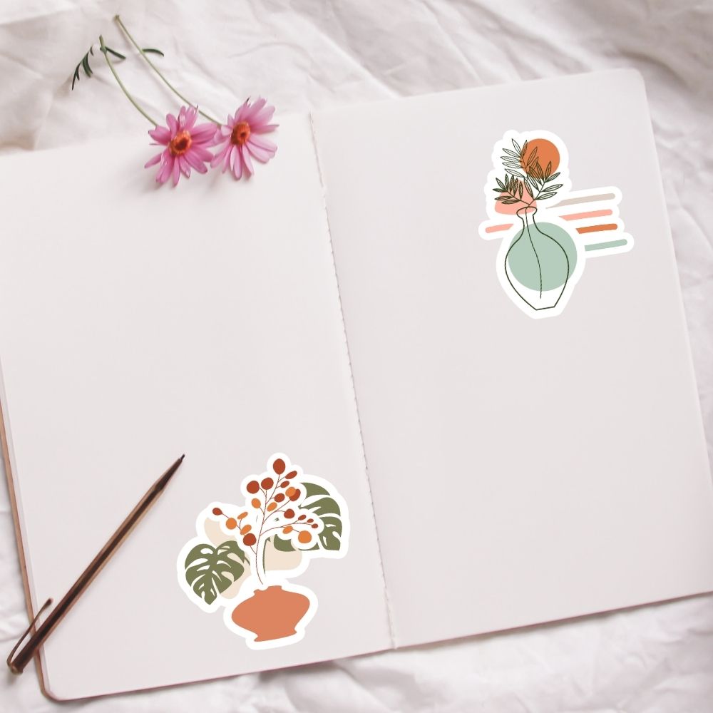Floral stickers on a white surface with a pen and flowers. Boho Aesthetics plant Sticker