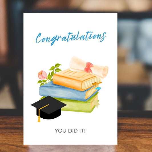Books-themed congratulations card for graduation with elegant design by ANEA & CO. Books Congratulations Graduation Card