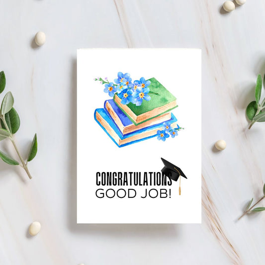 Graduation-themed card with books and flowers on a light background. Books & Flowers Congratulations Graduation Card