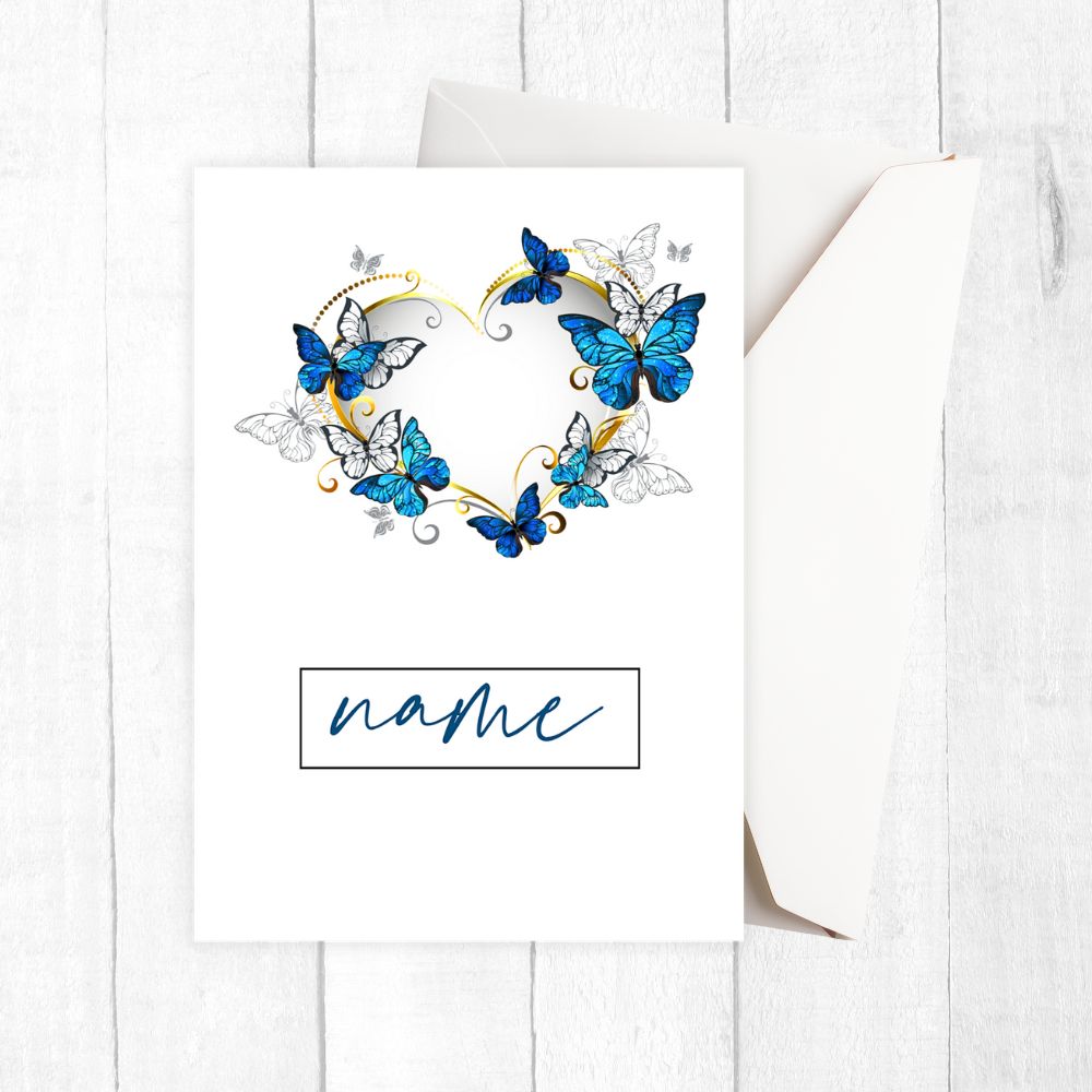 Card with blue butterflies forming a heart shape on a white background. Butterflies Love Personalised Card