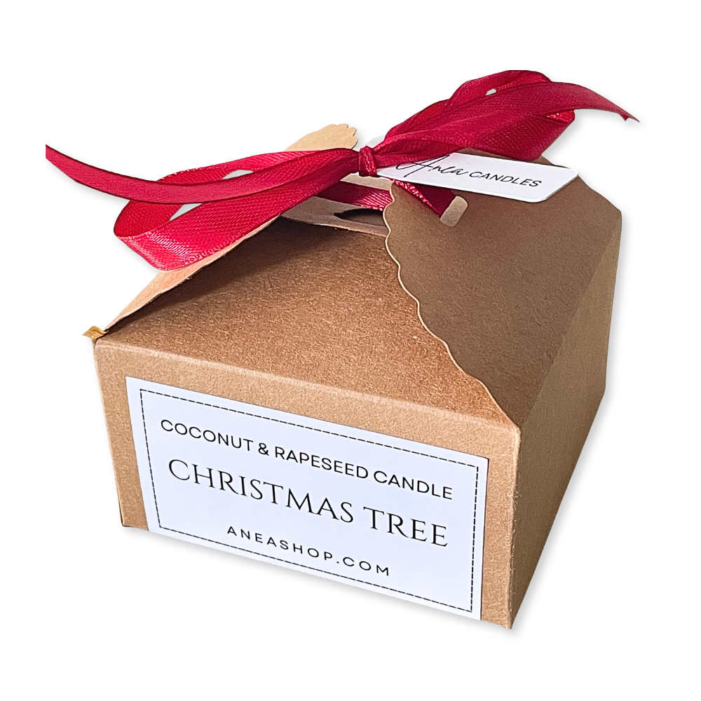 Coconut and rapeseed candle in a brown box with a red ribbon on a white background. CHRISTMAS TREE CANDLE