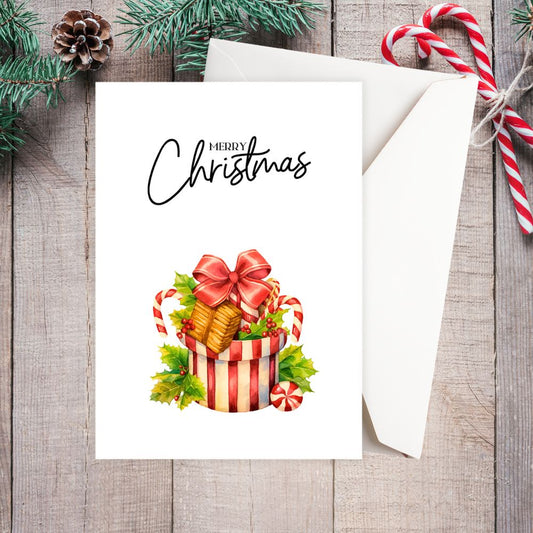 Christmas card with presents and candy canes on a wooden background. CHRISTMAS CARD WITH GIFT