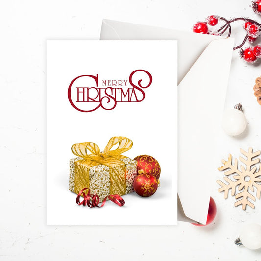 Christmas card with gold gift, red ornaments, and snowflake decorations on a white background.CHRISTMAS CARD WITH GIFT II