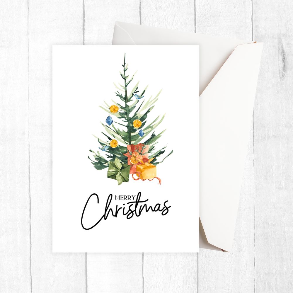 Christmas card with a watercolor tree and 'Merry Christmas' text on a white background. CHRISTMAS TREE CARD