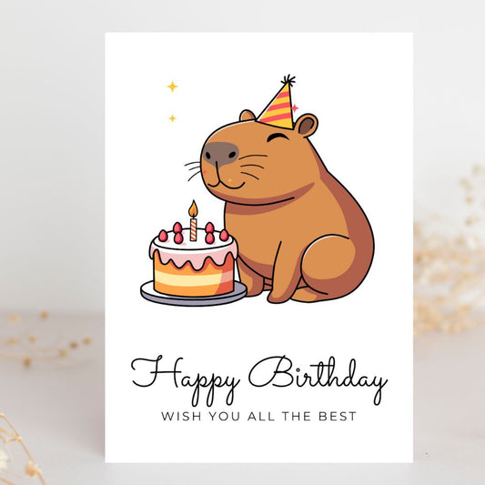 Capybara Cute Birthday Card with charming illustration by ANEA. Capybara Cute Birthday Card