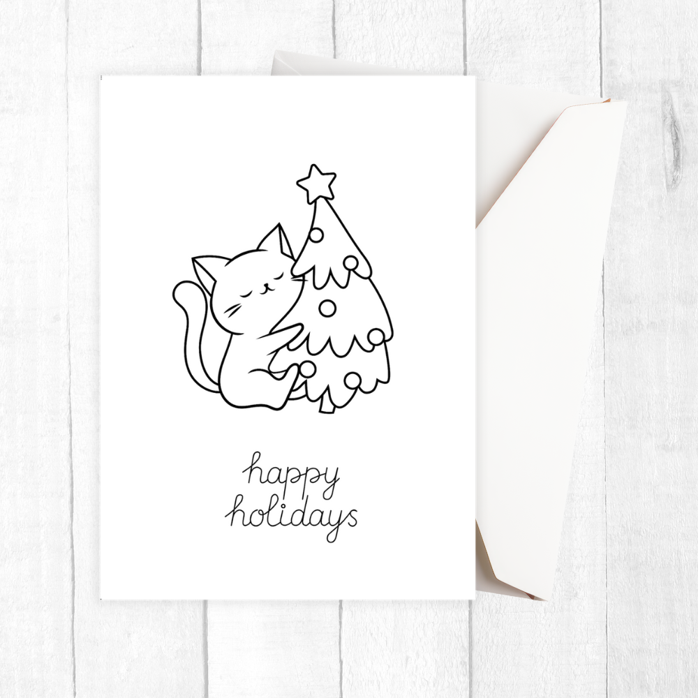 Black and white illustration of a cat with a Christmas tree and 'happy holidays' text on a white background.Cat Happy Holidays Christmas card