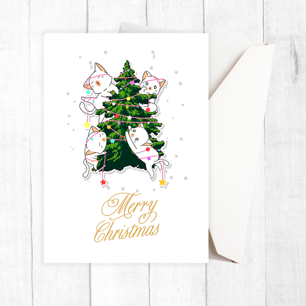 Christmas card with cartoon cats on a tree and 'Merry Christmas' text on a white background. Cat Tree II Christmas Card