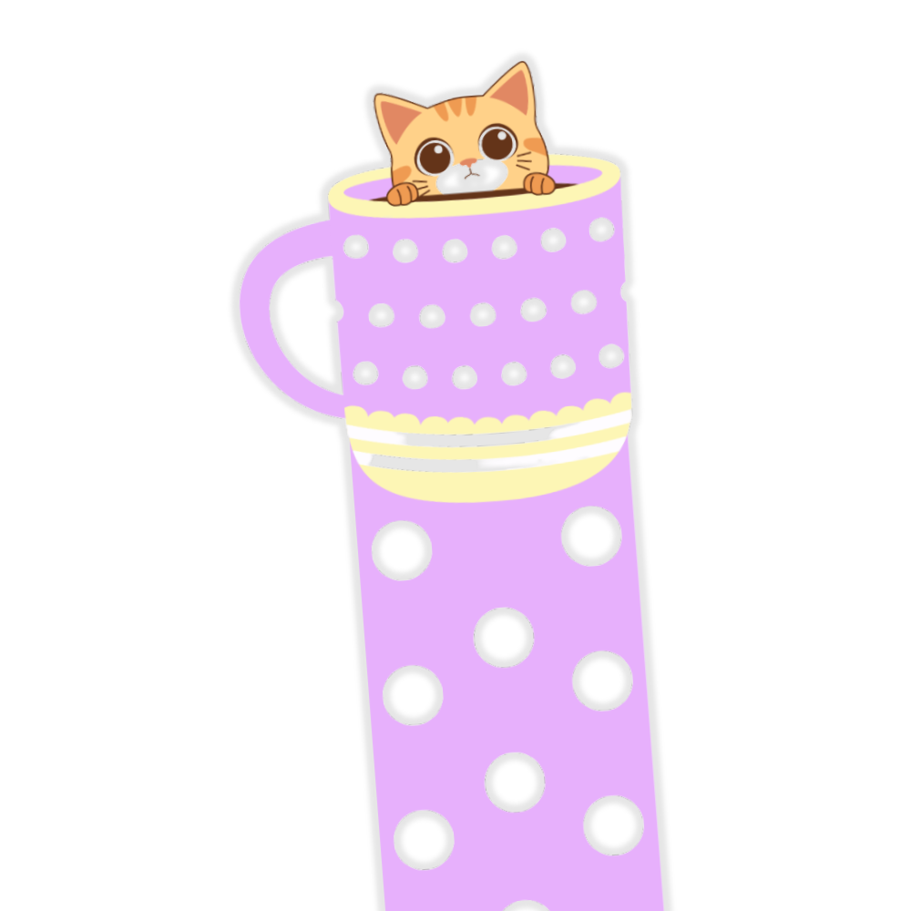 Illustration of a cat peeking out from a purple polka dot mug with a yellow interior on a white background. Cat in the mug Bookmark