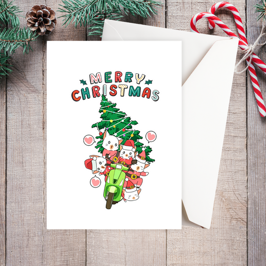 Christmas card with cats under a tree on a wooden surface with candy canes and pine cones. Cats on Motorbike Christmas Card