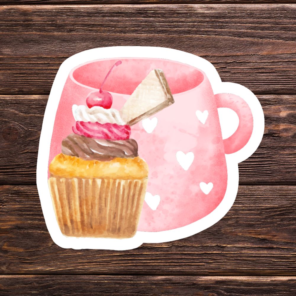 Illustration of a pink mug with a cupcake and cherry on top on a wooden background. Cherry Cupcake Sticker