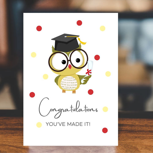 Congratulations graduation card with owl illustration by ANEA, wholesale pack. Cute Owl Congratulations Graduation Card