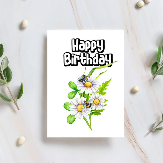 Birthday card with flowers and bees on a white background. Daisy & Bee Happy Birthday Card