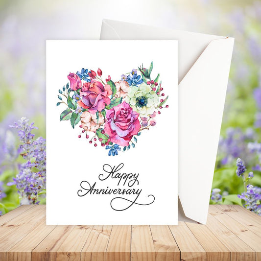 Greeting card with floral design and 'Happy Anniversary' text on a wooden surface with blurred flowers in the background. FLOWERS HEART ANNIVERSARY CARD