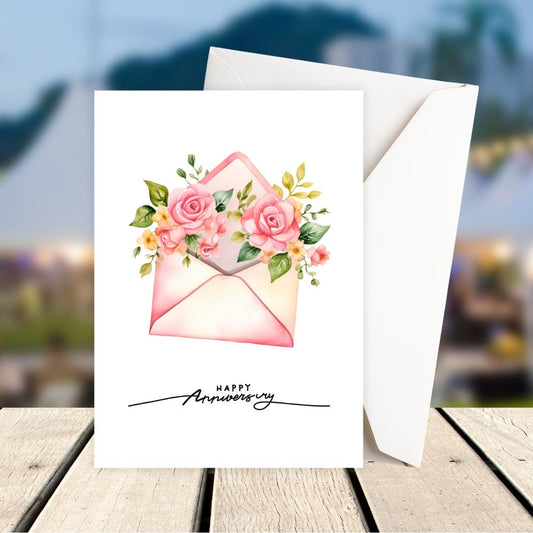 Greeting card with floral design and 'Happy Anniversary' text on a blurred outdoor background. FLOWER LETTER ANNIVERSARY CARD
