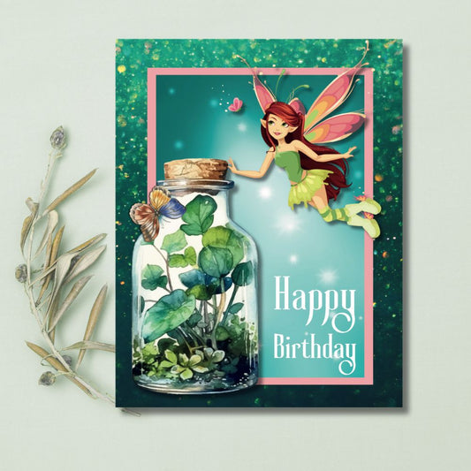Fairy in a bottle with 'Happy Birthday' text on a decorative card. Fairy Magical Happy Birthday Card