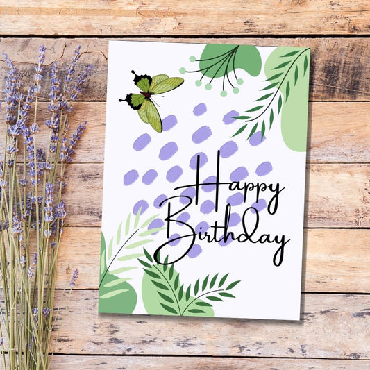Birthday card with butterfly and lavender on a wooden surface. Floral and Butterflies Happy Birthday Card
