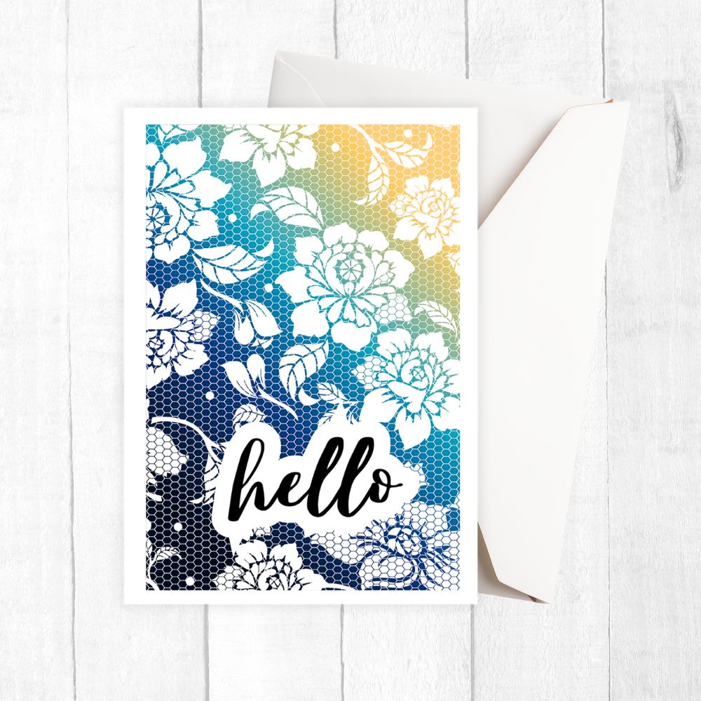 Greeting card with floral design and 'hello' text on a white background. Floral pattern Hello Greeting Card