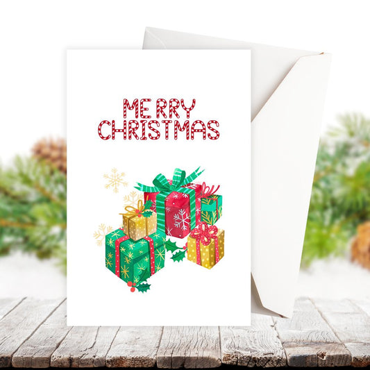 Christmas card with colorful presents and 'Merry Christmas' text on a wooden surface with a blurred natural background.GIFTS CHRISTMAS CARD