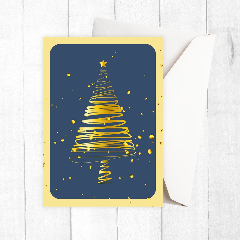 Greeting card with a gold Christmas tree design on a blue background. GOLDEN TREE WITH STARS CHRISTMAS CARD
