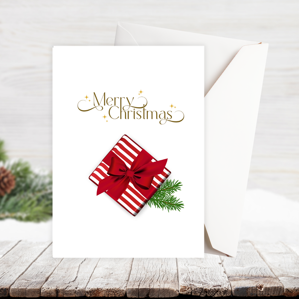 Christmas card with red gift box and bow on a white background. Gift with Bow Christmas Card